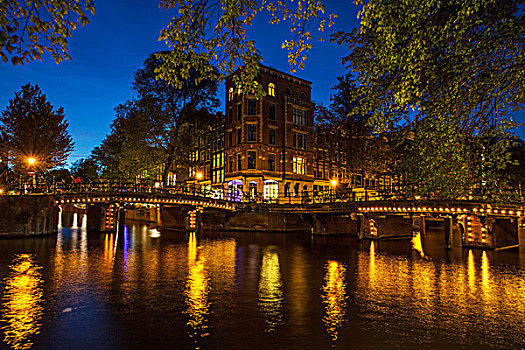 运河,水岸,桥,夜晚,阿姆斯特丹,荷兰