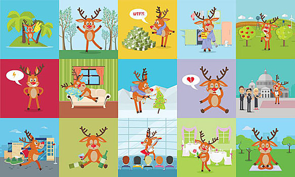 鹿,活动,矢量,驯鹿,情感,休假,树林,温室,餐馆,学校,家,睡觉,迷茫,失望,可爱,哺乳动物,公寓,风格