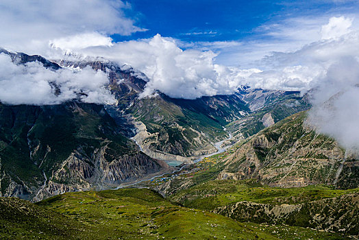 风景,俯视,山谷,靠近,布拉加,地区,尼泊尔,亚洲