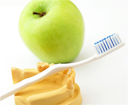 牙齿保健,概念,青苹果,牙刷