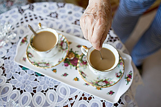 老太太,咖啡,一对,老式,咖啡杯