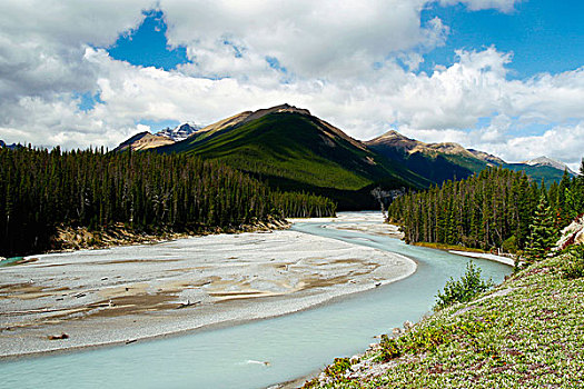 结冰,河,岩石,山峦,班芙国家公园,艾伯塔省,加拿大