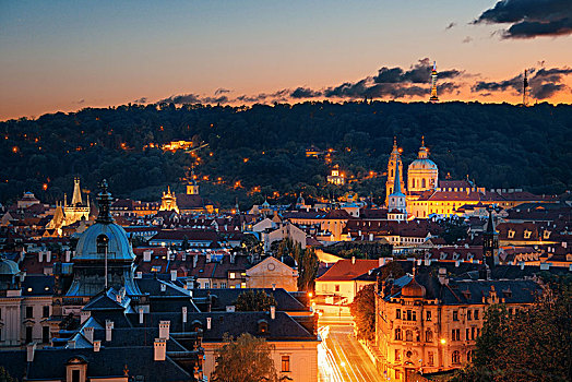 布拉格,天际线,屋顶,风景,教堂,圆顶,捷克共和国,夜晚