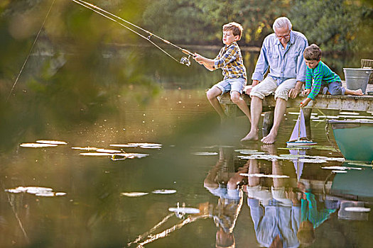 爷爷,孙子,钓鱼,玩,玩具,帆船,湖