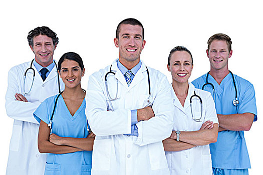 医生,医护人员,站立,一起,双臂交叉,白色背景