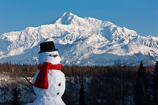 雪人,红色,围巾,黑色上衣,帽子,坐,山坡,麦金利山,背景,德纳里峰,州立公园,阿拉斯加,冬天