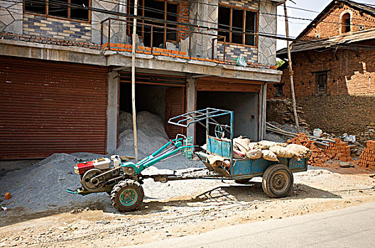 拖拽,引擎,拖车,停放,正面,建筑,波卡拉,尼泊尔,亚洲