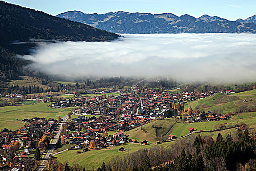 风景,山谷,巴特辛德朗,雾,巴伐利亚,德国,欧洲