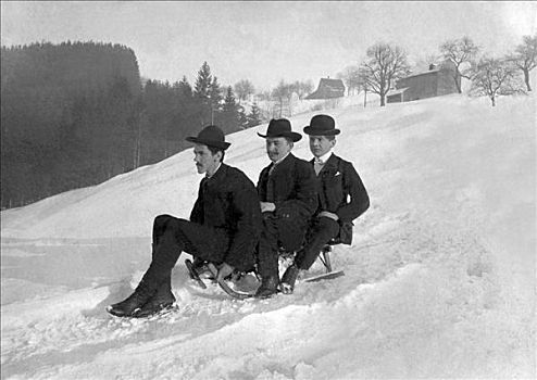 三个,绅士,骑,雪撬,历史,图像