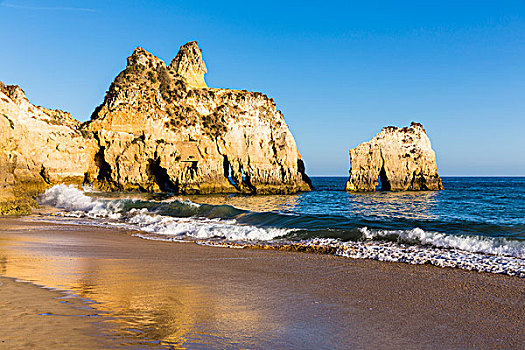 沙滩,岩石构造,日落,阿尔加维,葡萄牙