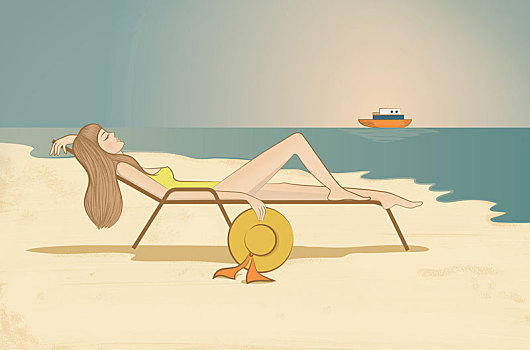 插画,美女,放松,休闲椅,海滩