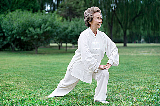 站在草坪上练太极的老年女性