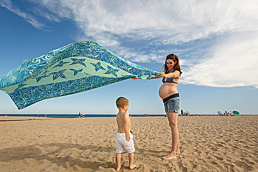 孕妇,海滩,毯子,风