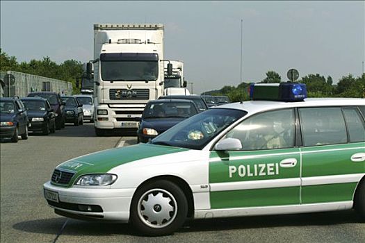 德国,北莱茵威斯特伐利亚,警察,巡逻车,车道,意外,公路,巡逻