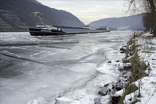 河,驳船,困住,冰,摩泽尔,靠近,莱茵兰普法尔茨州,德国,欧洲