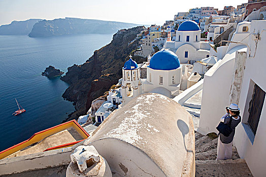 俯拍,传统,刷白,教堂,鲜明,蓝色,圆顶,岛屿,锡拉岛,希腊