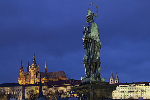 雕塑,城堡,大教堂,光亮,夜晚,查理大桥,伏尔塔瓦河,布拉格城堡,布拉格,捷克共和国,欧洲