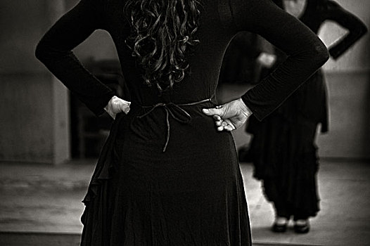 女性,弗拉明戈舞,穿,黑色,后部,腰部,反射,镜子,正面,马德里,西班牙