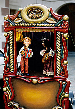 小,便携,木偶,剧院,两个,演奏,舞台,克鲁姆洛夫,南,波希米亚,捷克共和国,欧洲