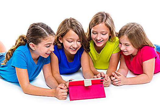 姐妹,表亲,儿童,女孩,科技,平板电脑,玩,高兴,躺着,白色背景