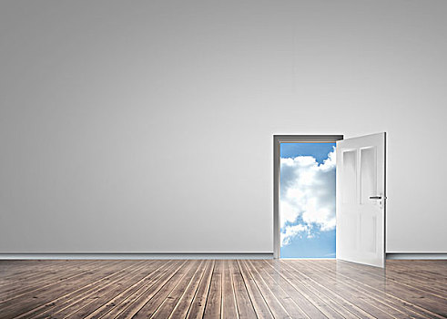 门,开着,揭示,晴朗,蓝天,灰色,房间,地板