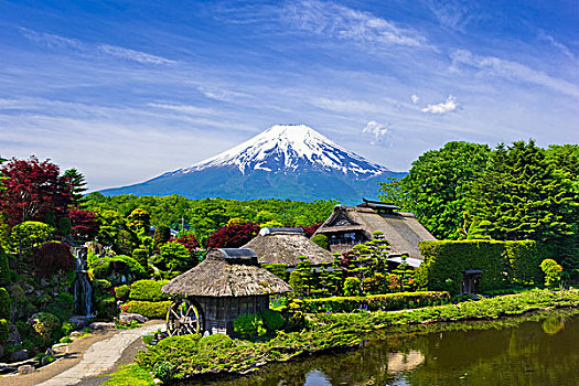 山,富士山,老,房子