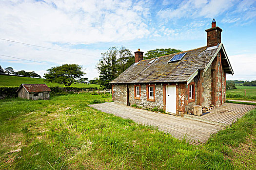 传统,石头,建造,屋舍,太阳能电池板,房顶,邓弗里斯,苏格兰,英国