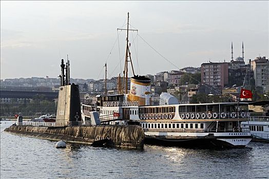 潜水艇,历史,渡轮,锚定,正面,科技,博物馆,金角湾,伊斯坦布尔,土耳其