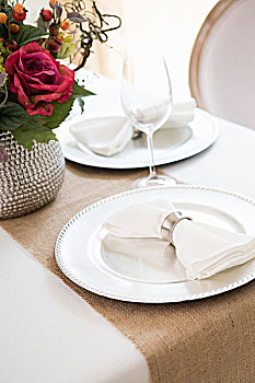 优雅,桌面布置,婚礼,盘子,餐巾