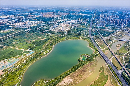 航拍河南郑州象湖生态湿地公园,郑州白沙园区