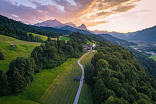 航拍,乡村,靠近,加米施帕藤基兴,巴伐利亚阿尔卑斯山,德国