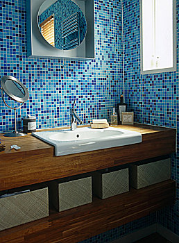 盥洗池,木质,蓝色,砖瓦,浴室