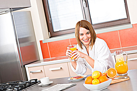 早餐,微笑,女人,新鲜,橙汁,现代,厨房