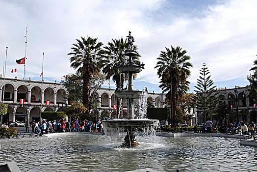 喷泉,广场,阿玛斯,阿雷基帕,印加,住宅区,秘鲁,南美,拉丁美洲