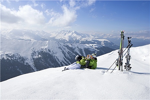 情侣,放入,雪,山顶,滑雪