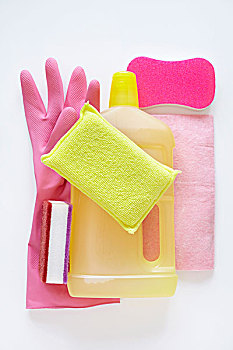 静物清洁产品,包括,海绵,瓶,保洁员,橡胶手套