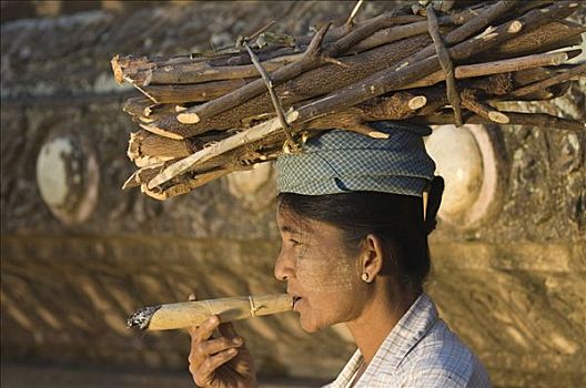 缅甸,传统,雪茄,木头,头部,蒲甘