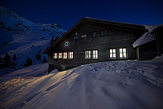 小屋,夜晚,阿尔卑斯山,提洛尔,奥地利