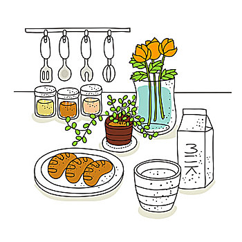 牛奶,饼干,花,容器,背景
