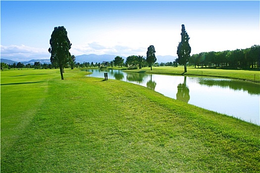 高尔夫球场,青草,地点,湖,反射