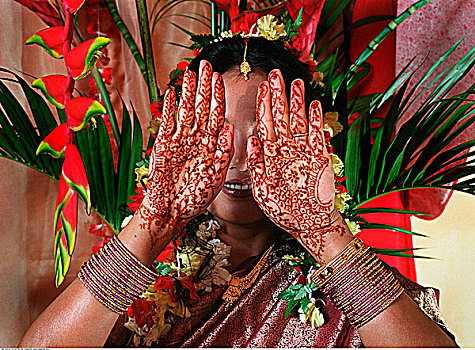 传统,印度教,新娘,展示,散沫花染料,造型,手