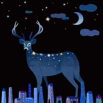 夜晚,无人,动物,一只,鹿,星,月亮,建筑,云,天空