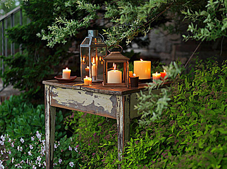 照亮,蜡烛,乡村,桌子,花园