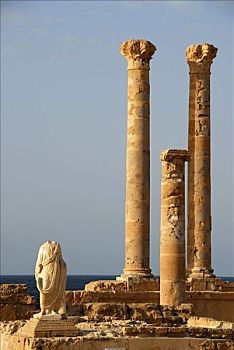 雕塑,三个,柱子,庙宇,萨布拉塔,利比亚