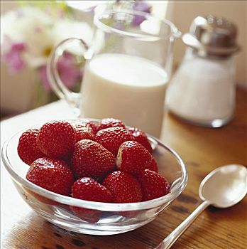 草莓,碗,罐,奶油,后面