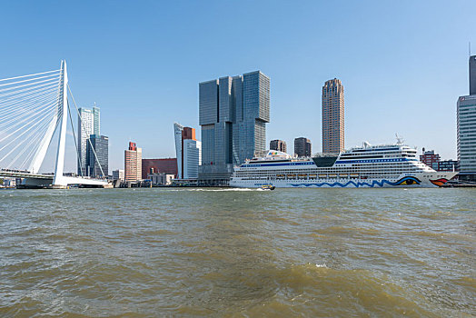 荷兰鹿特丹港口的现代建筑和伊拉斯缪斯大桥和游轮