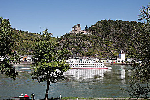 城堡,莱茵河,河,山谷,客船,莱茵兰普法尔茨州,德国,欧洲