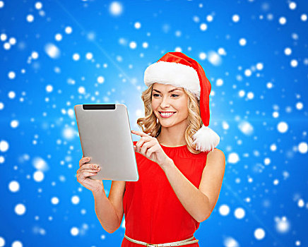 圣诞节,科技,礼物,人,概念,微笑,女人,圣诞老人,帽子,平板电脑,电脑,上方,蓝色,背景