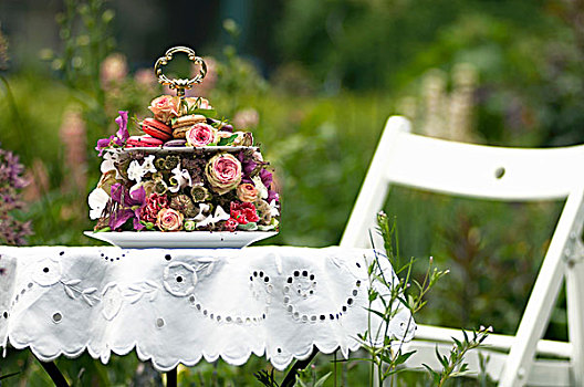 浪漫,点心架,装饰,玫瑰,花,白色背景,桌布,夏天,花园