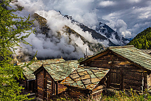 屋顶,传统,木质,小屋,小村庄,策马特峰,瓦莱,瑞士